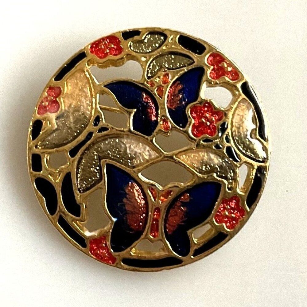 Vintage 1980s Cloisonné Enamel Butterfly & Flower Circle Brooch Pin